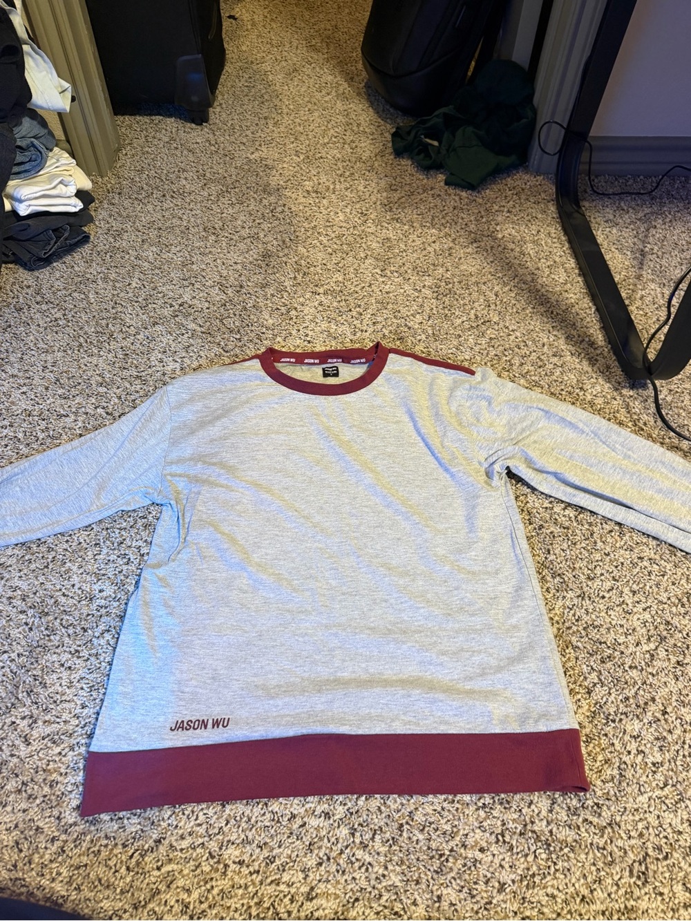 Jason Wu Light Gray Crewneck Sweater with Burgundy Trim